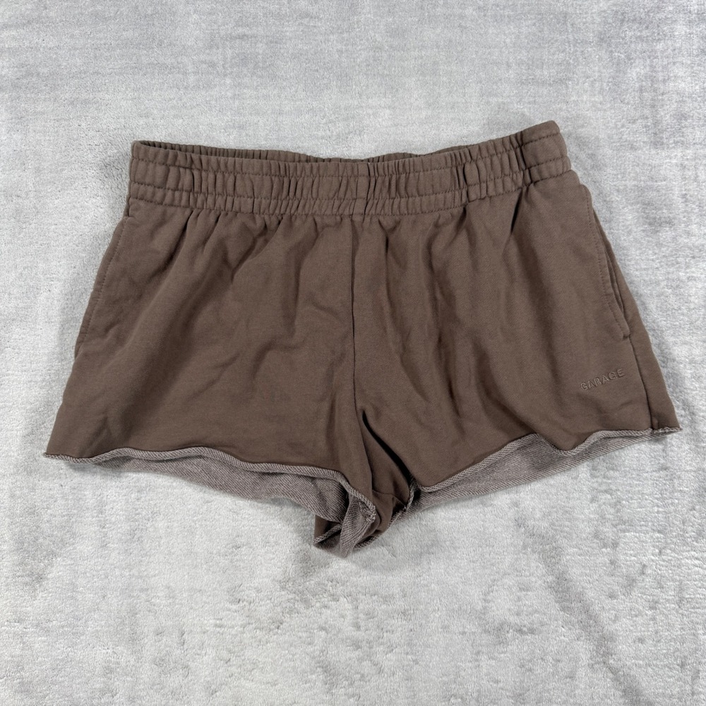 Garage Shorts Womens Medium Brown Sweat Raw Hem Elastic Waist Pockets Loungewear